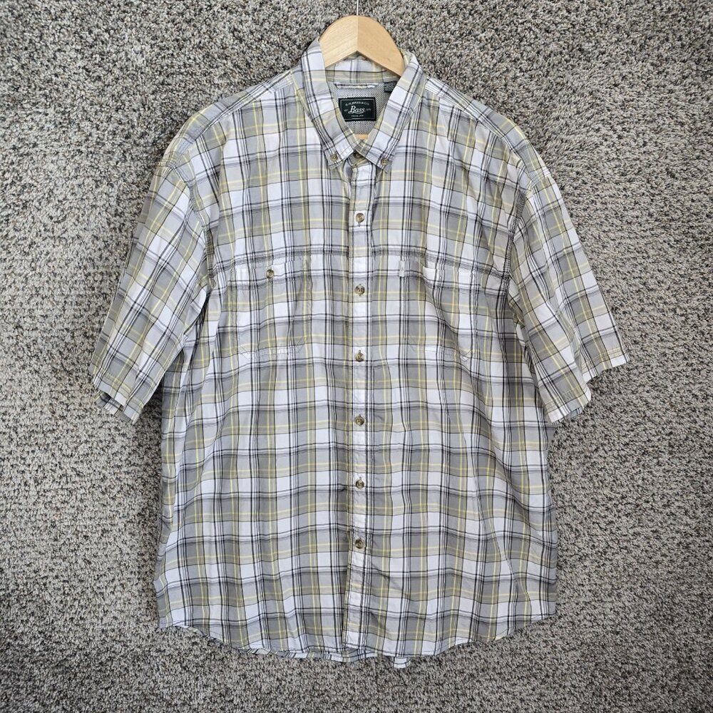 G H Bass Shirt Mens XXL‎ 2XL Gray Plaid Short Sleeve Pockets Outdoor Button Down